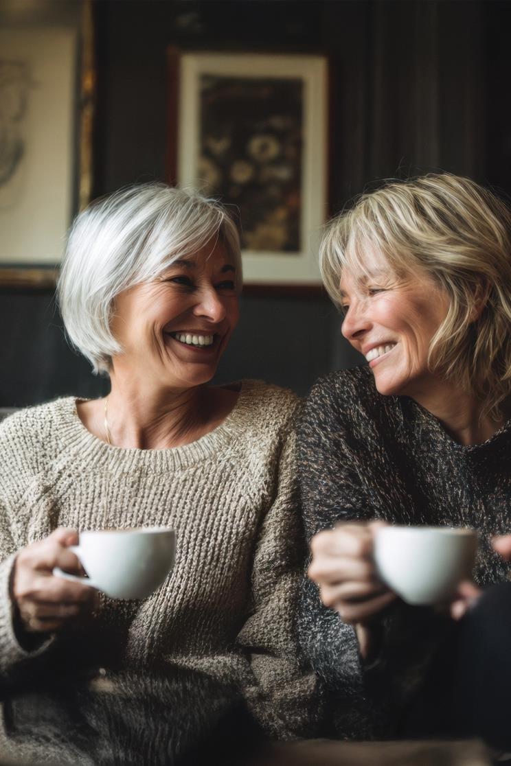 A couple of women sitting on a sofa and smiling whilst holding cups of coffee