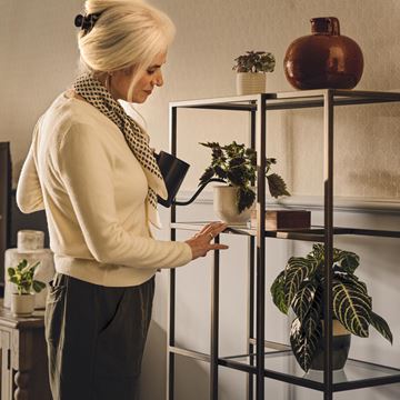 a person looking at a plant