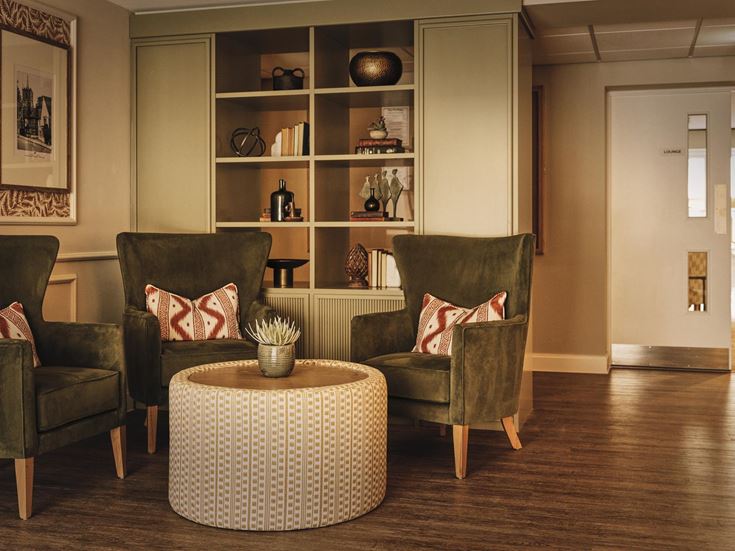 a living room with a shelf