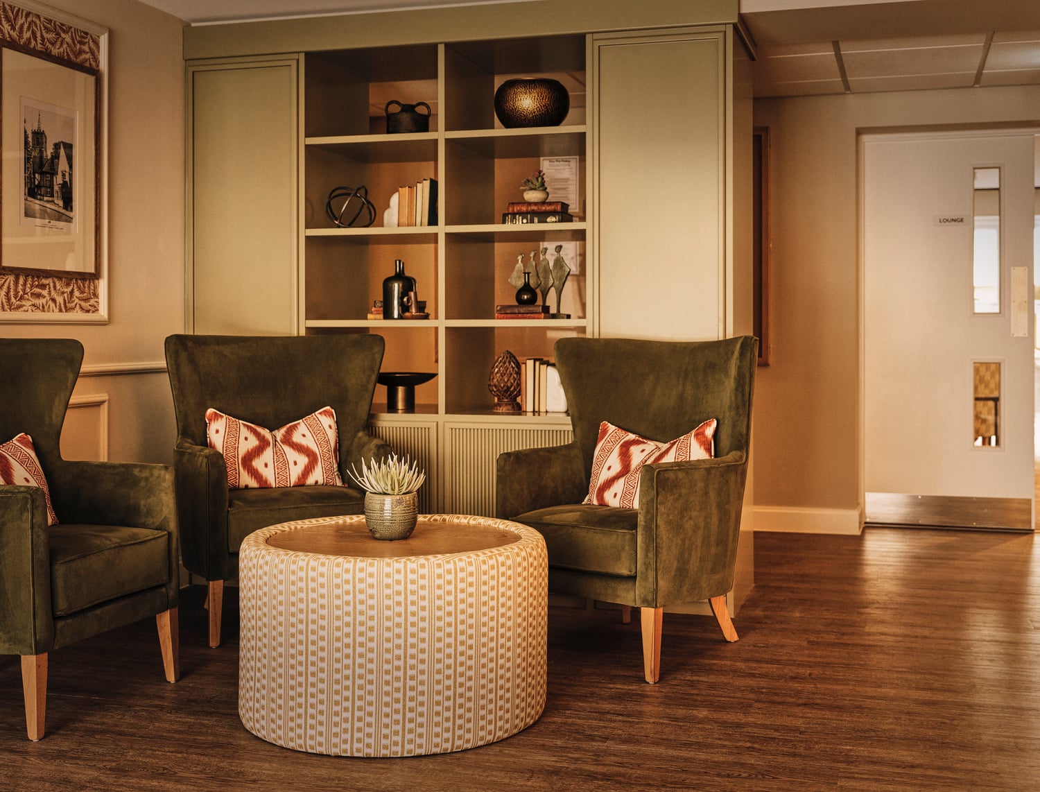 a living room with a shelf