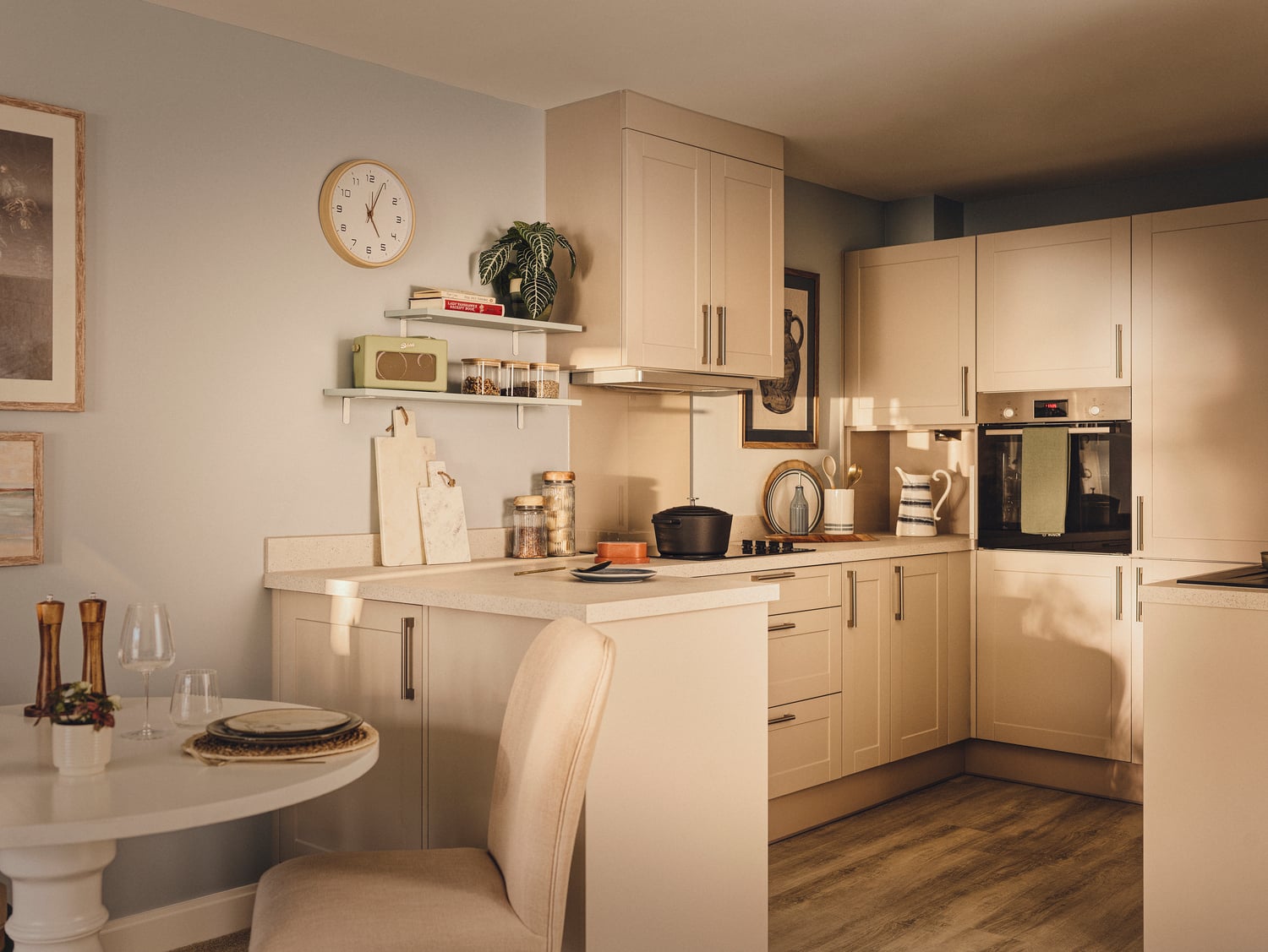 a kitchen with white cabinets