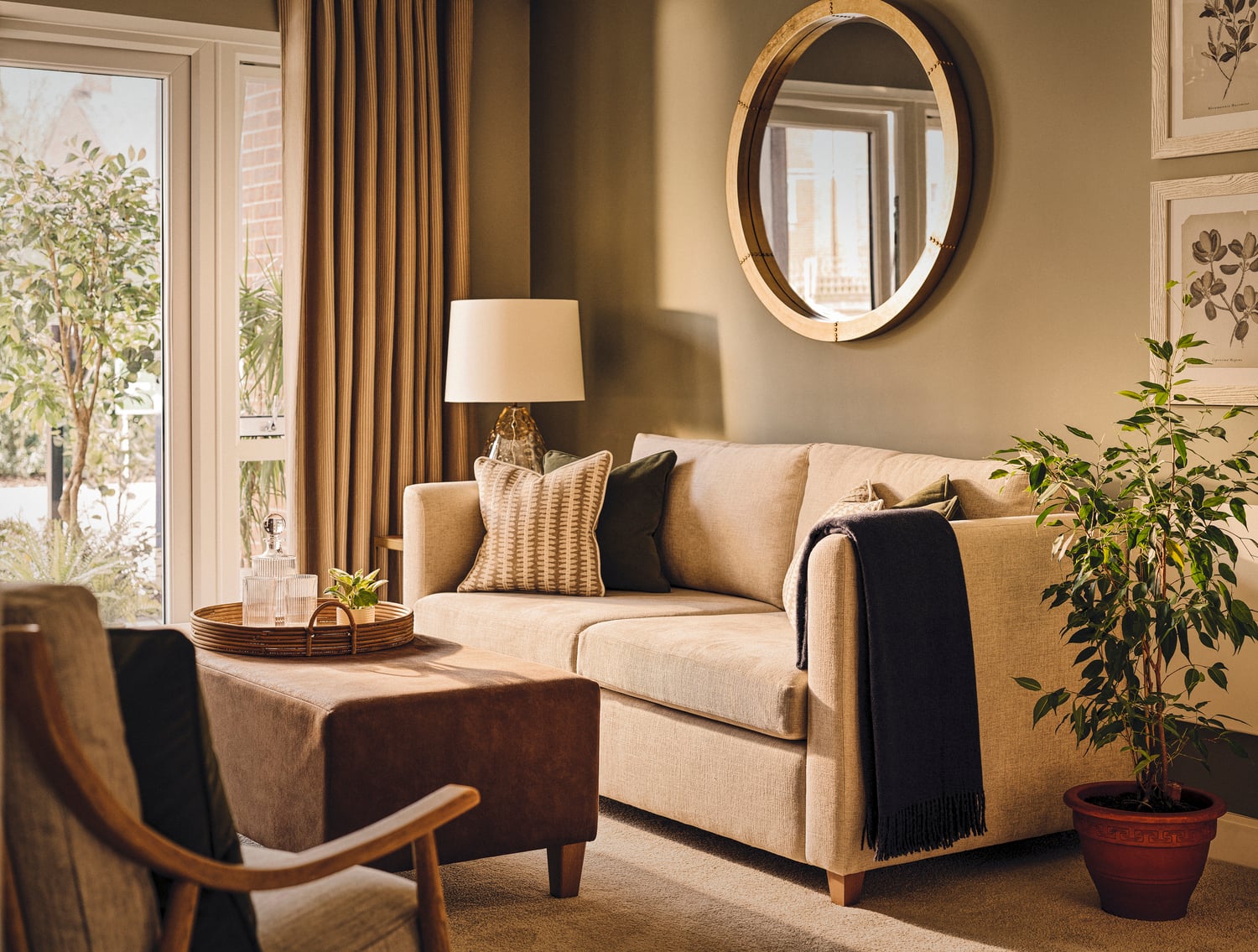 a living room with a couch and a table