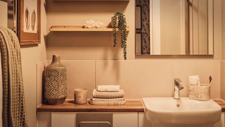 a bathroom with a sink and shelves