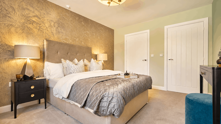 a bedroom with a bed and lamps