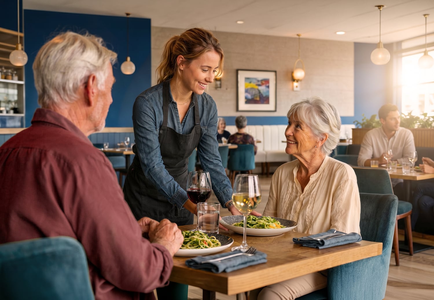 a group of people sitting at a table with food