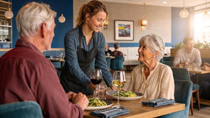 a group of people sitting at a table with food