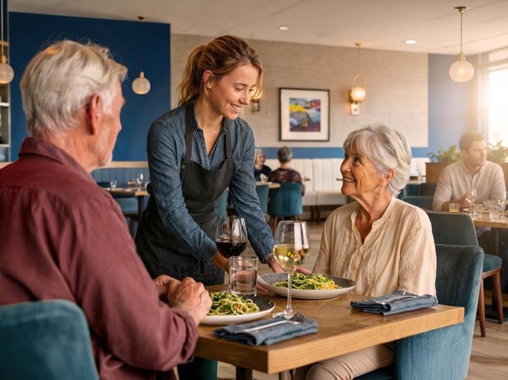 a group of people sitting at a table with food
