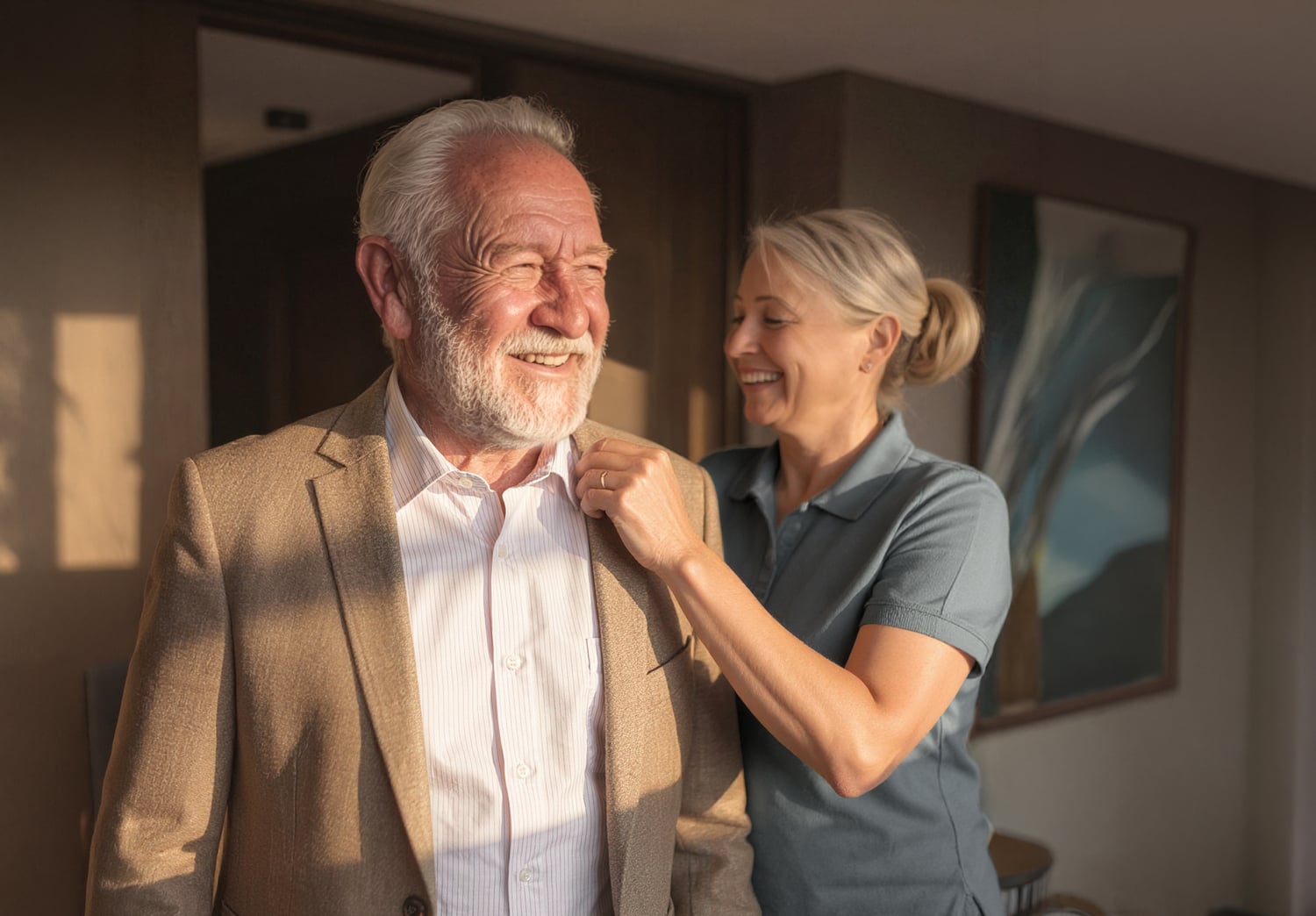 a man and a woman smiling