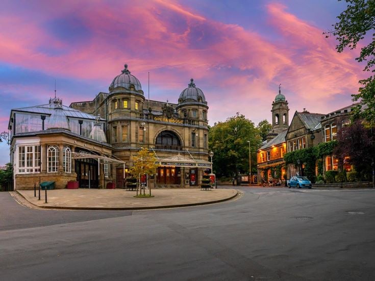 Exterior of Buxton Opera House during a beautiful sunset.