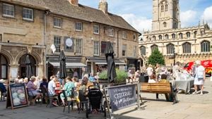 Red Lion Square in the historic market town of Stamford, Lincolnshire, on market day.