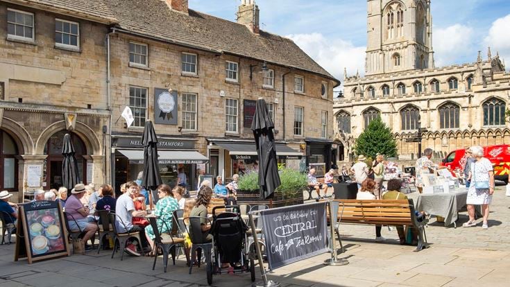 Red Lion Square in the historic market town of Stamford, Lincolnshire, on market day.