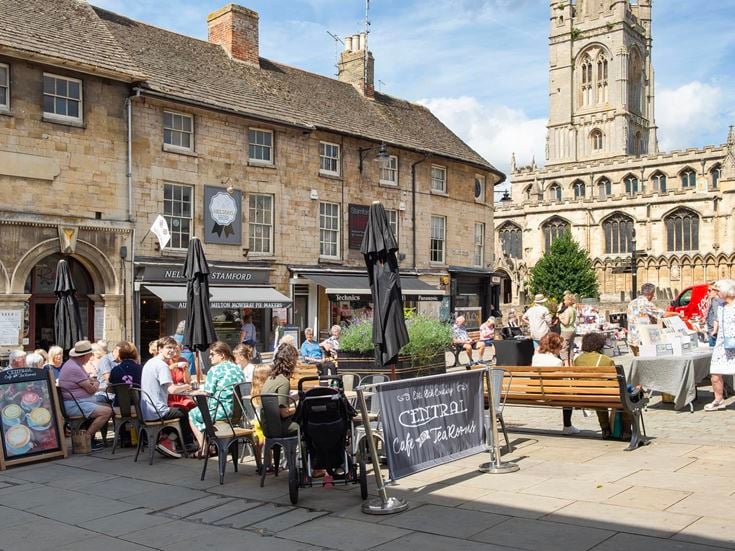 Red Lion Square in the historic market town of Stamford, Lincolnshire, on market day.