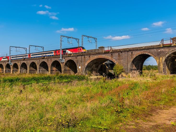 A train moving over a viaduct in Northamptonshire.