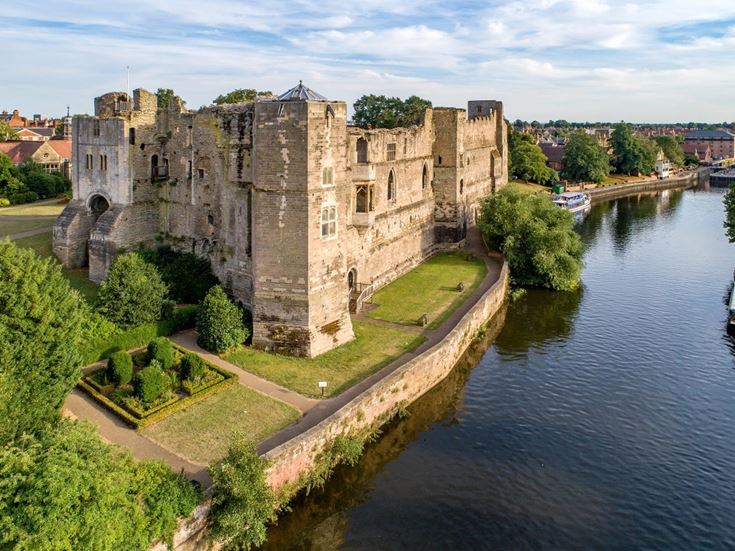 An aerial view of the medieval Newark Castle next to the River Trent in Nottinghamshire.