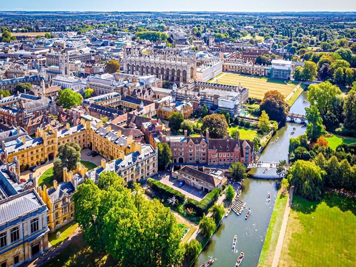 An aerial view of the River Cam through the city of Cambridge.