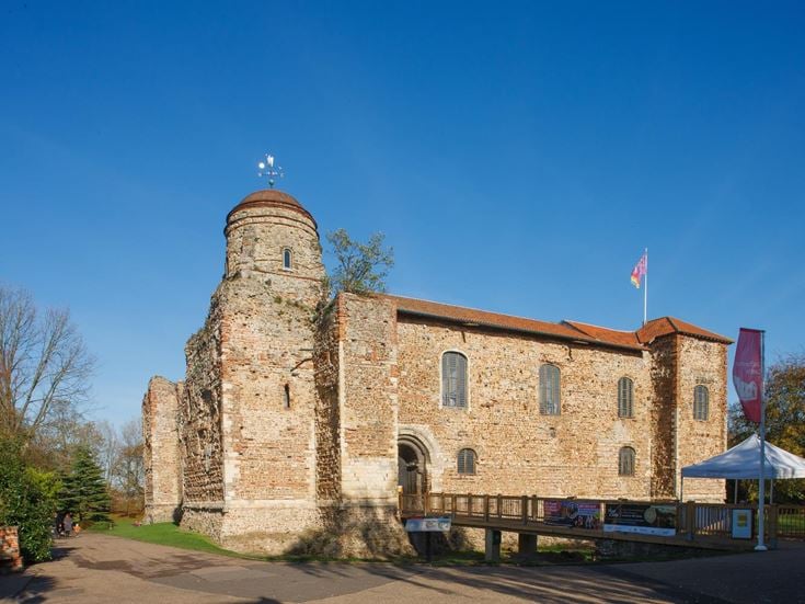 A view of the entrance to Colchester Castle on a sunny day.