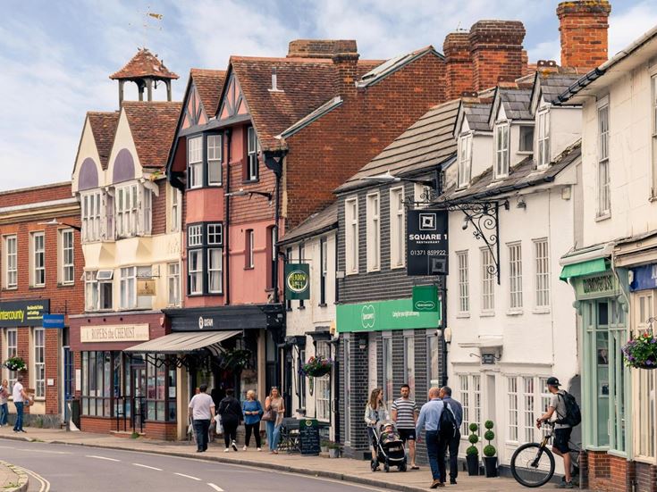 The high street in Great Dunmow, with medieval architecture.