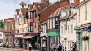 The high street in Great Dunmow, with medieval architecture.