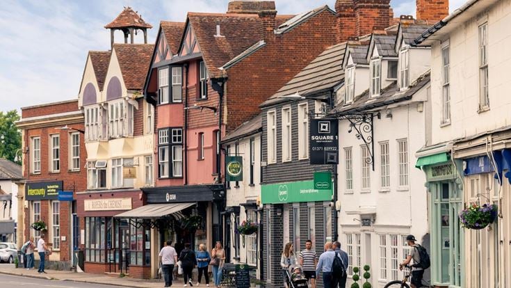 The high street in Great Dunmow, with medieval architecture.