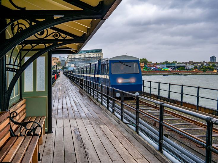 Southend Pier railway station on the west shore of England at Southend-on-Sea, Essex