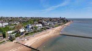 The beach with houses overlooking the sea at Westcliff-on-Sea.