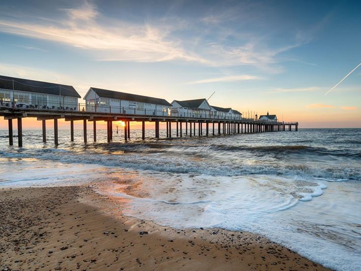 Sunrise over Southwold Pier in Suffolk.