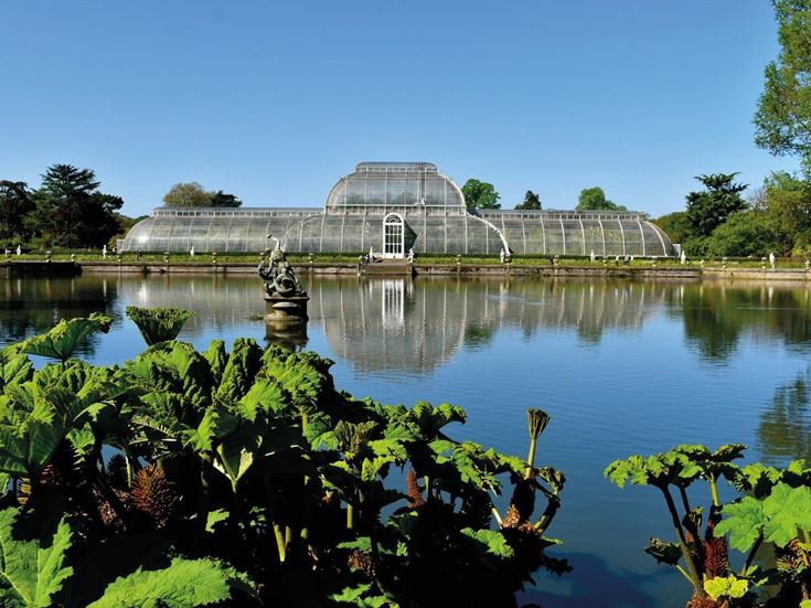 A view over the pond of the Palm House at Kew Gardens.