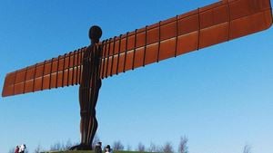 The Angel of the North, a contemporary art sculpture, on a hill in Tyne and Wear.