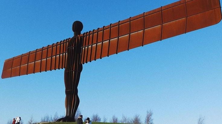 The Angel of the North, a contemporary art sculpture, on a hill in Tyne and Wear.