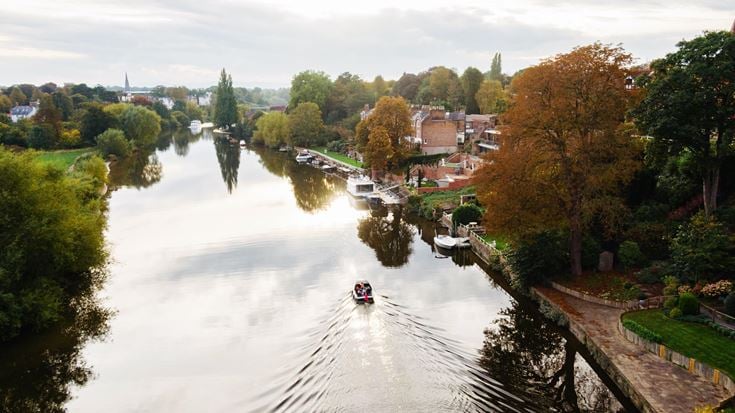 An aerial view over the river Dee in Chester, Cheshire