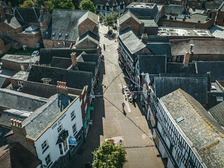 An aerial view of the old historic town centre of Nantwich in Cheshire.