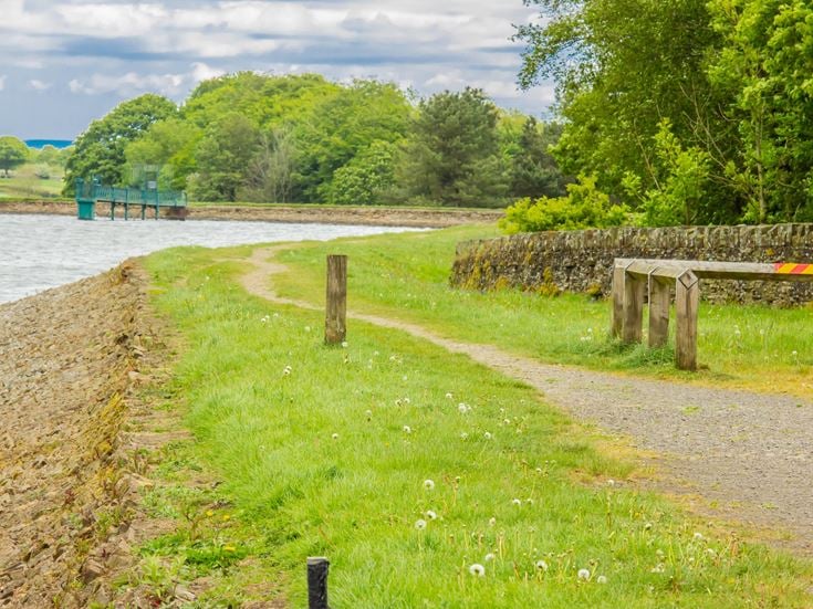 Path with wooden posts leading to Horwich Reservoir on an overcast day