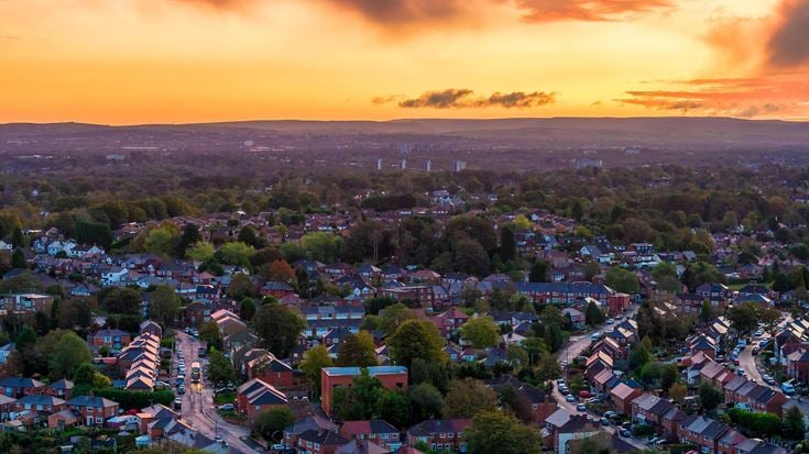 Aerial photo of Sunrise over Prestwich, Greater Manchester.