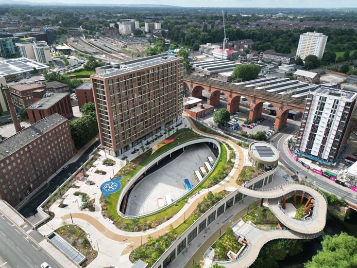 aerial view of Stockport Interchange and Viaduct