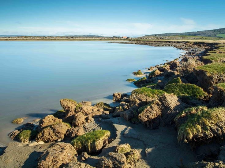 a rocky beach with a body of water in the background