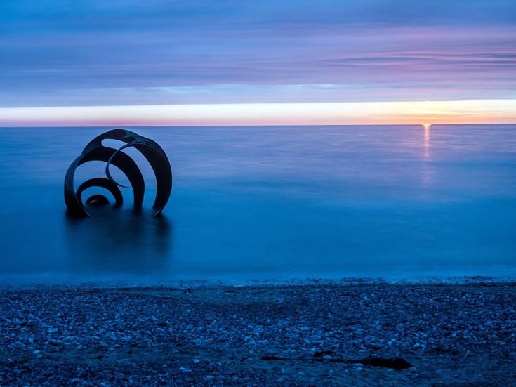 Mary’s Shell coastal art piece on Cleverleys Beach.