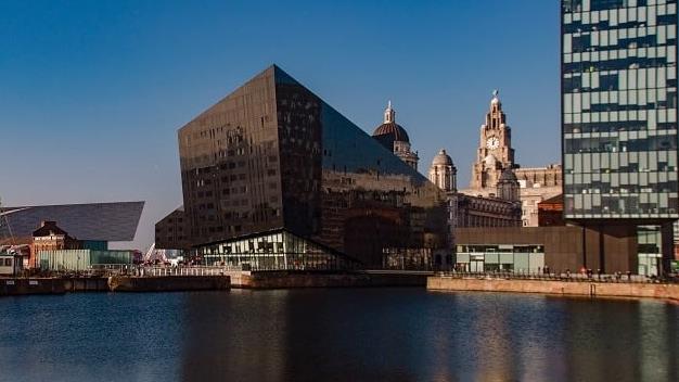 The Royal Albert Dock, waterfront, and surrounding buildings in Liverpool.