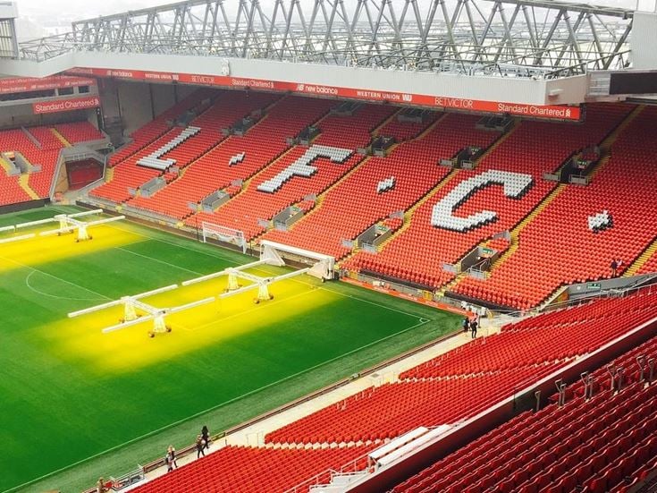 Seats at Anfield are coloured to spell out L.F.C. in honour of their home team, Liverpool Football Club.