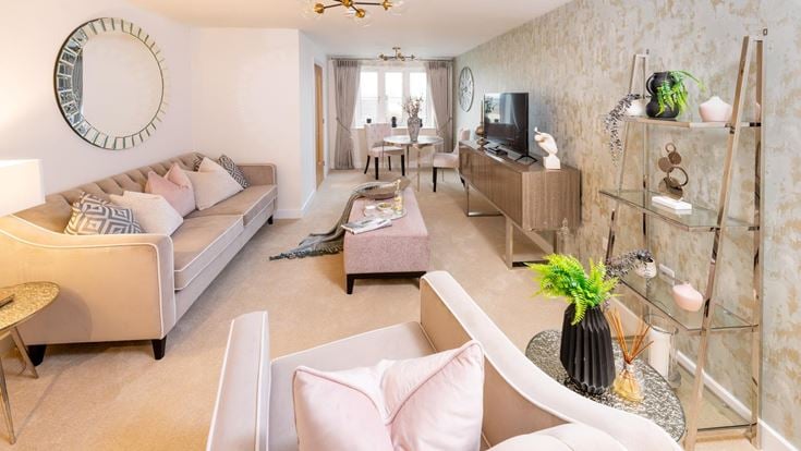 a living room with a large mirror