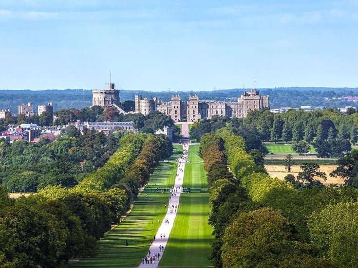 Aerial view of Windsor Castle and surrounding grounds.
