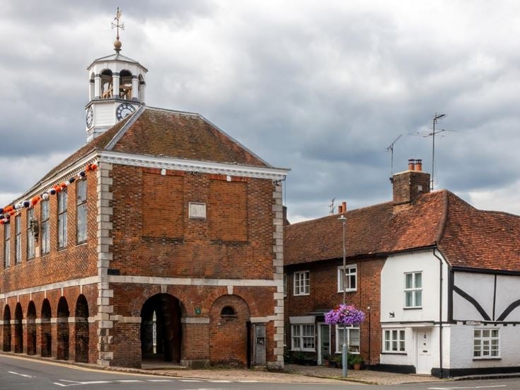 Old Market Hall in Amersham on a cloudy day.