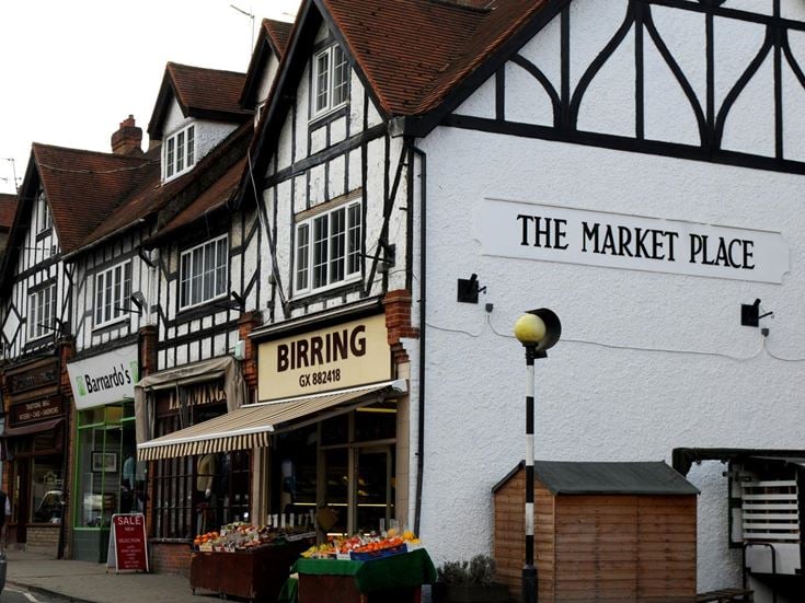 The market place and shops in Chalfont St Peter’s village centre.