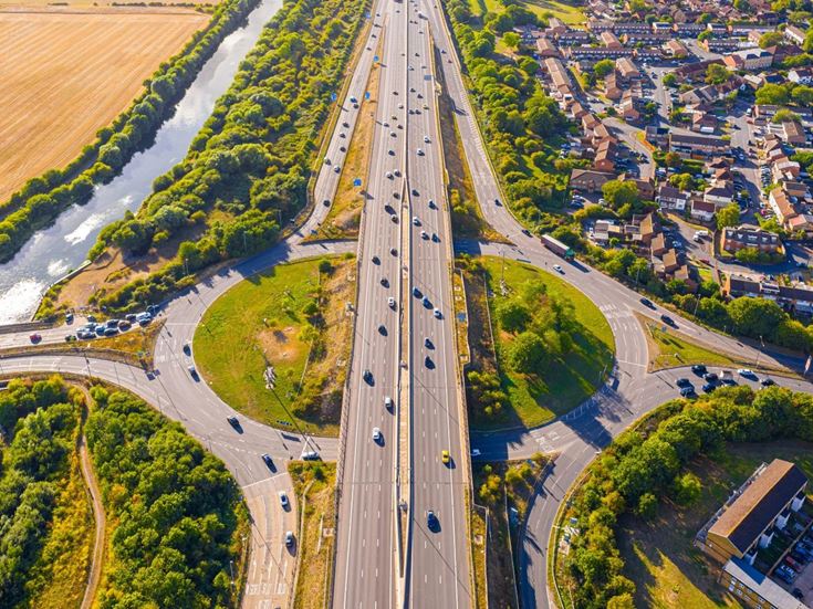 An aerial view of the M4 motorway and Jubilee River near Slough.
