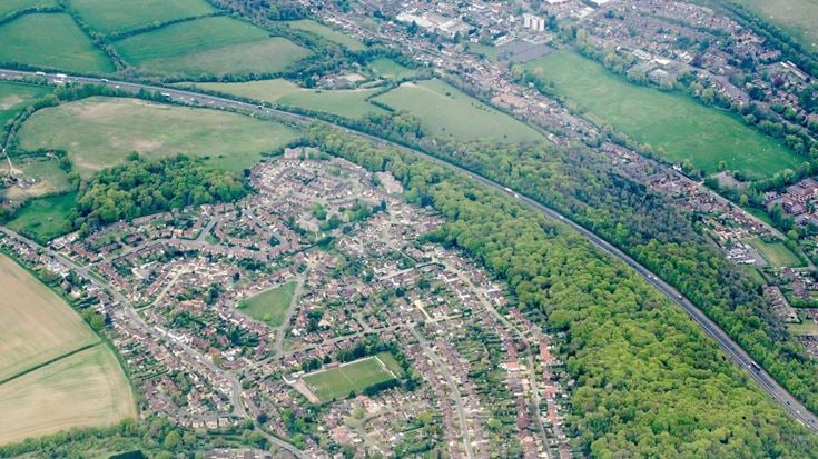 An aerial view of Flackwell Heath, near High Wycombe, Buckinghamshire.