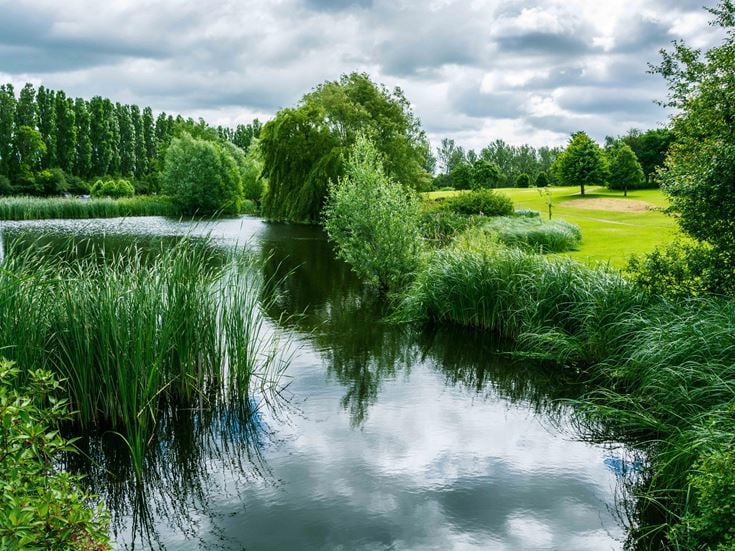 Lake in Campbell park on overcast day in summer, Milton Keynes.