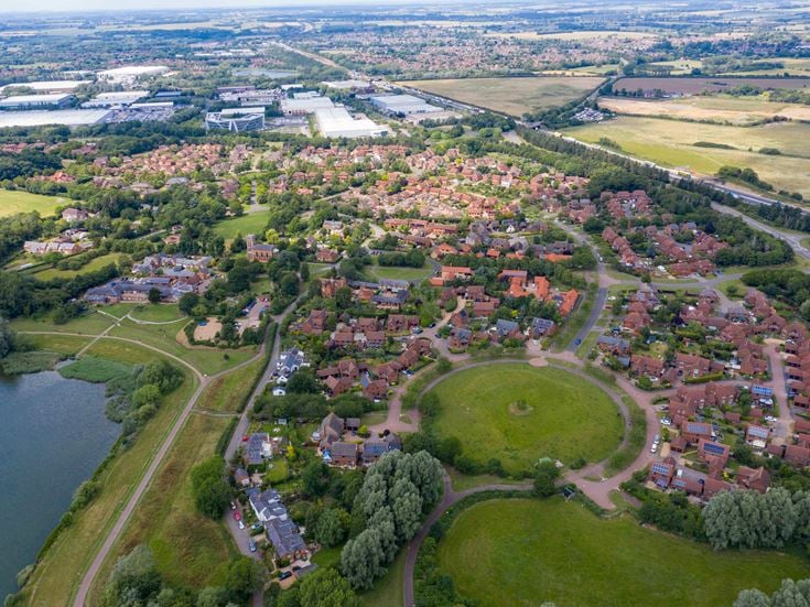 Aerial photo of the village of Milton Keynes in the UK