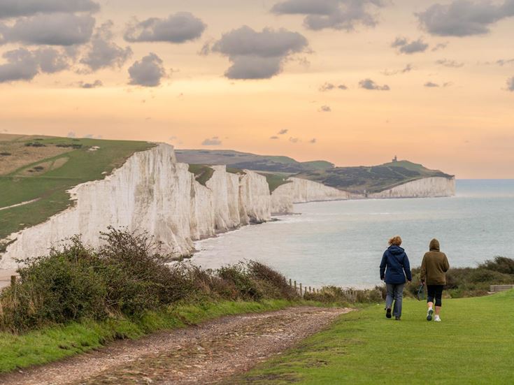 The Seven Sisters chalk cliffs between Eastbourne and Seaford in East Sussex.