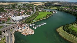 an aerial photo of Fareham lake and town