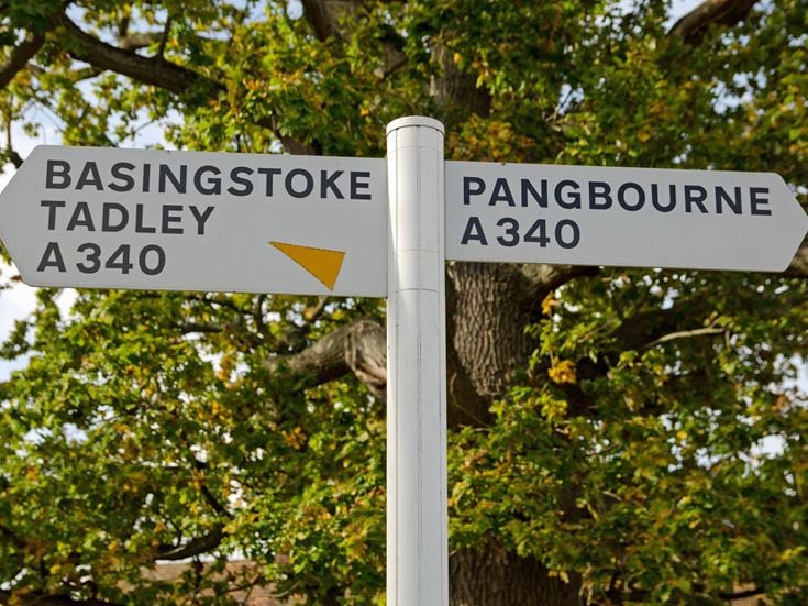 A directional sign close to the town of Tadley in Hampshire.