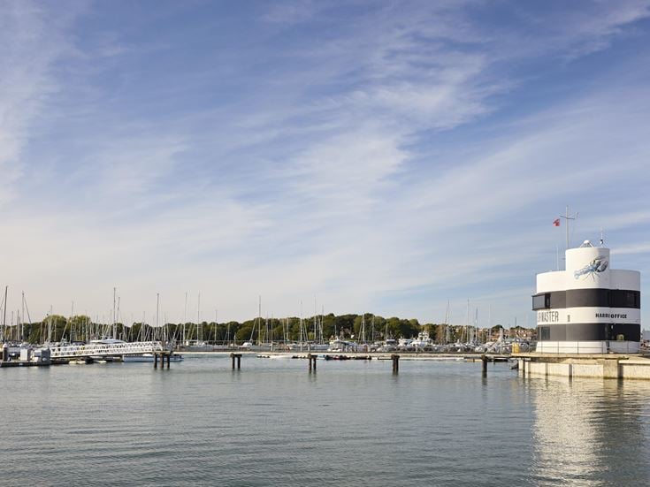 Hamble River Harbour Master's office, a black-and-white striped building in Warsash.